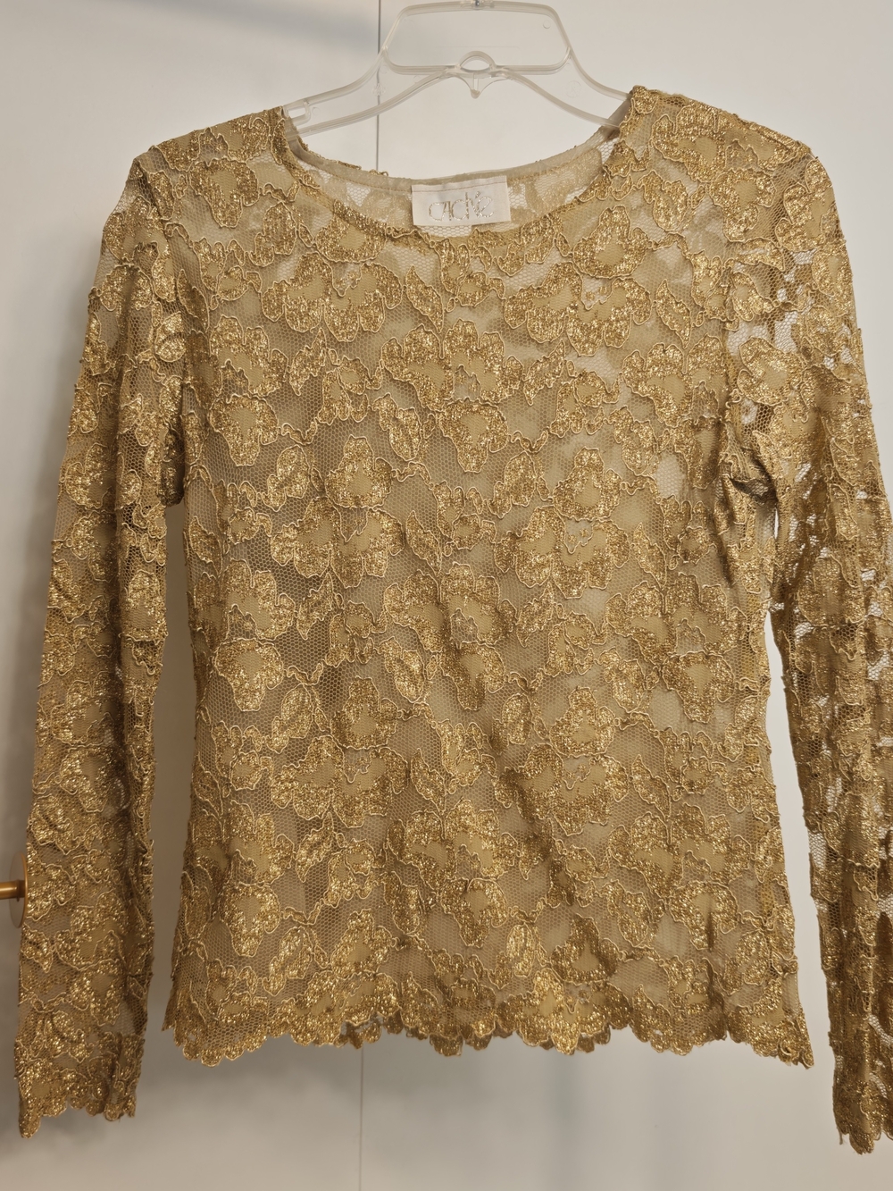 Dainty Gold Lace Sheer Novelty Y2K Long Sleeve Top Metallic Blouse Size Large - Picture 1 of 7